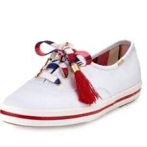 Kate Spade‎ Keds Canvas Sneakers with Red Plaid Ribbon Laces Tassels size 9.5